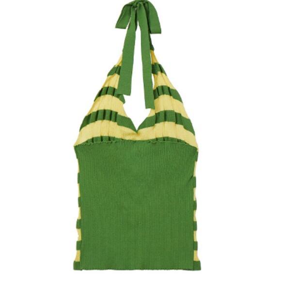 TheOpen Product 1/Small Stripe Halter Neck Tank Top Green Yellow Sleeveless - Picture 3 of 10